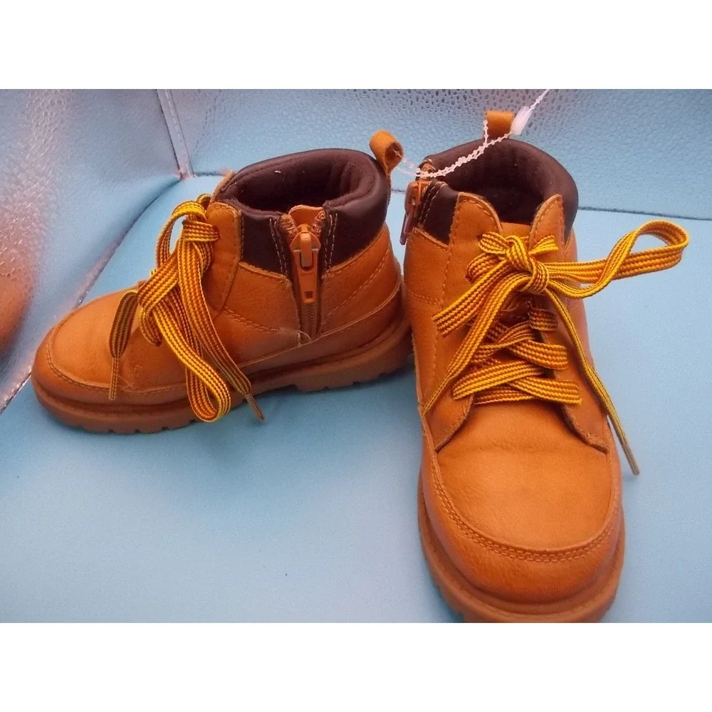 Carters Toddler Boys Tan Faux Leather Lace Up Side Zip Work Boots Size 10